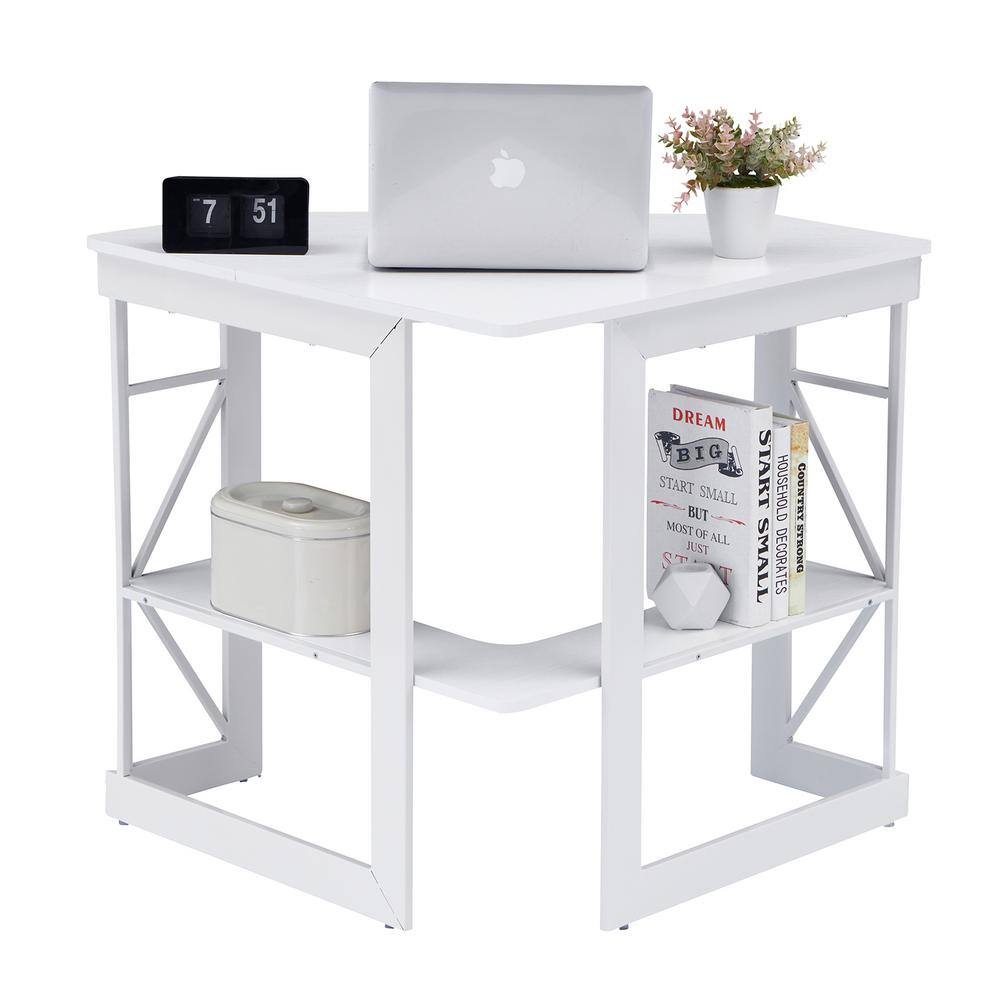 VECELO Corner Desk 29.5 in. W Triangle White Computer Desk Wooden Desk Sturdy Steel Frame Computer Desk with Keyboard Tray KHD-XJM-CD03-WHE