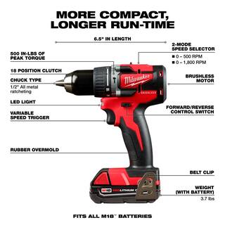 MW M18 18V Lithium-Ion Brushless Cordless 12 in. Compact Hammer DrillDriver Kit with 2 Batteries Charger and Case 2802-22CT