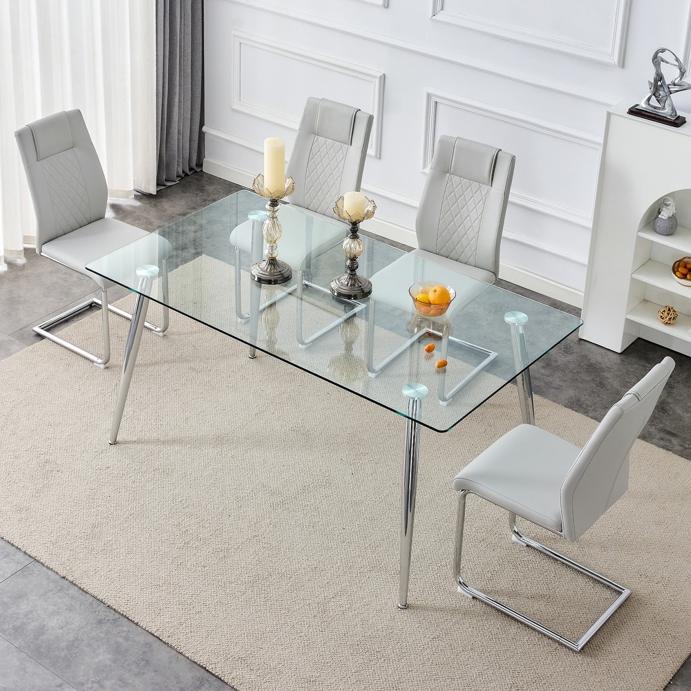 5 PCS Dining Table Set Table and Chair Set w 1 Table and 8 Chairs Glass Table Top Metal Table Legs