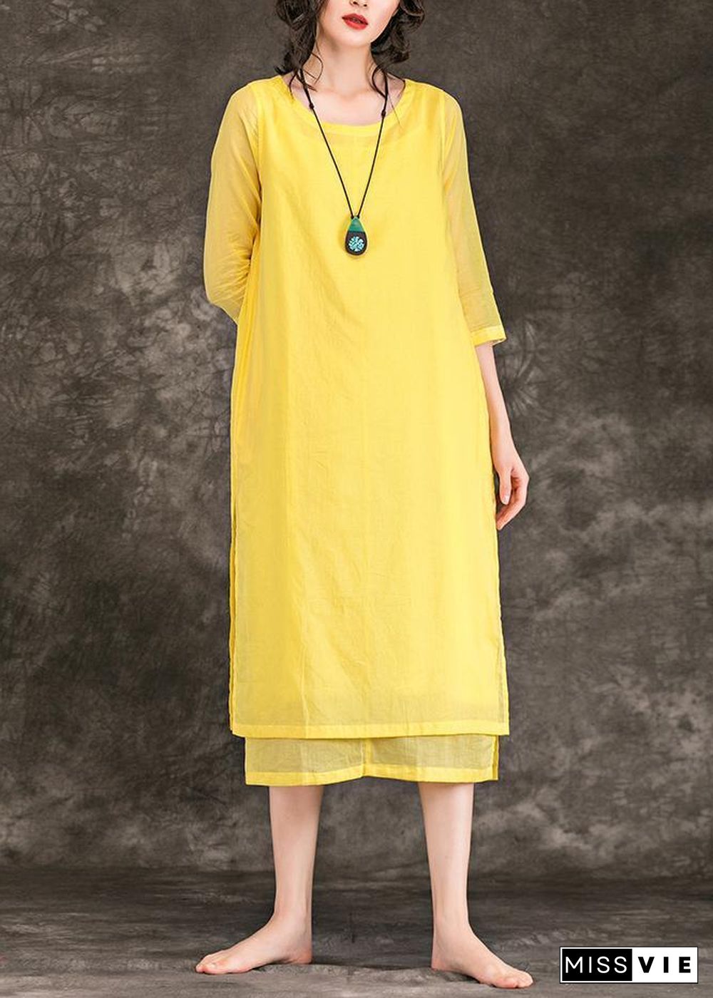 Bohemian yellow Cotton Long dress o neck patchwork Midi Summer Dresses