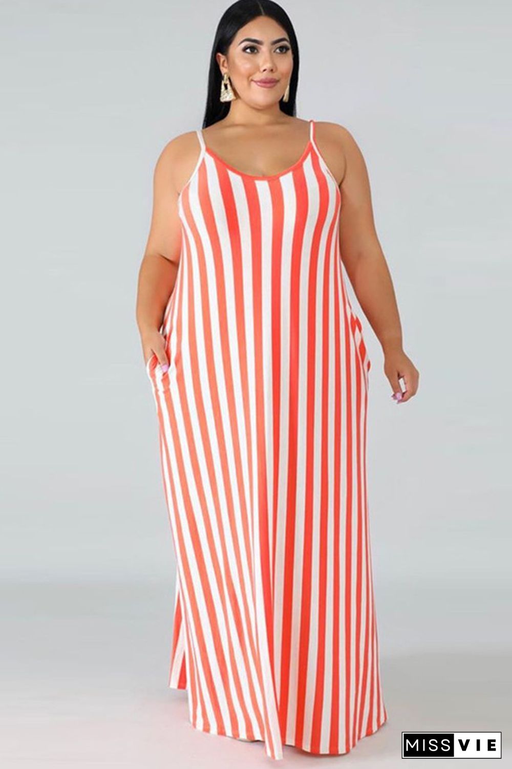 Women Sleeveless Stripe Design Plus Size Dress