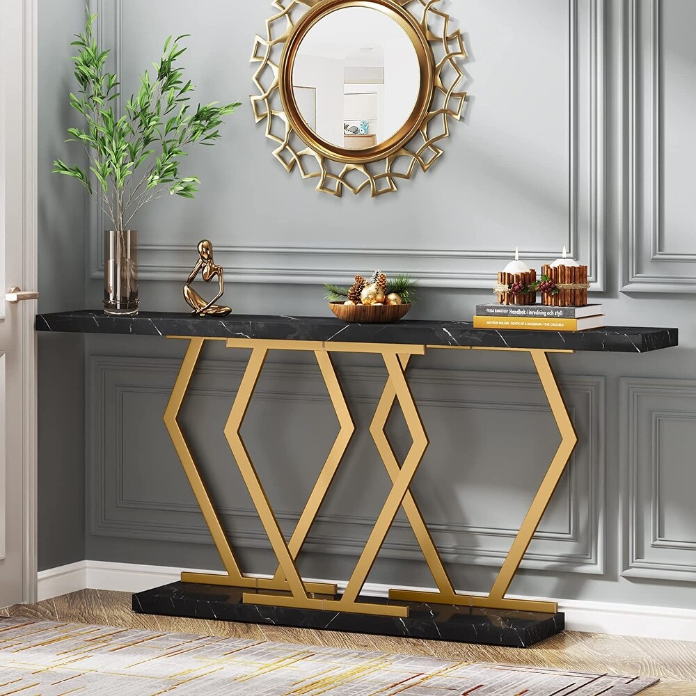 Modern Console Table  70.9 Inch Extra Long Sofa Table with Faux Marble Tabletop Base Gold Frame for Living Room  White Gold