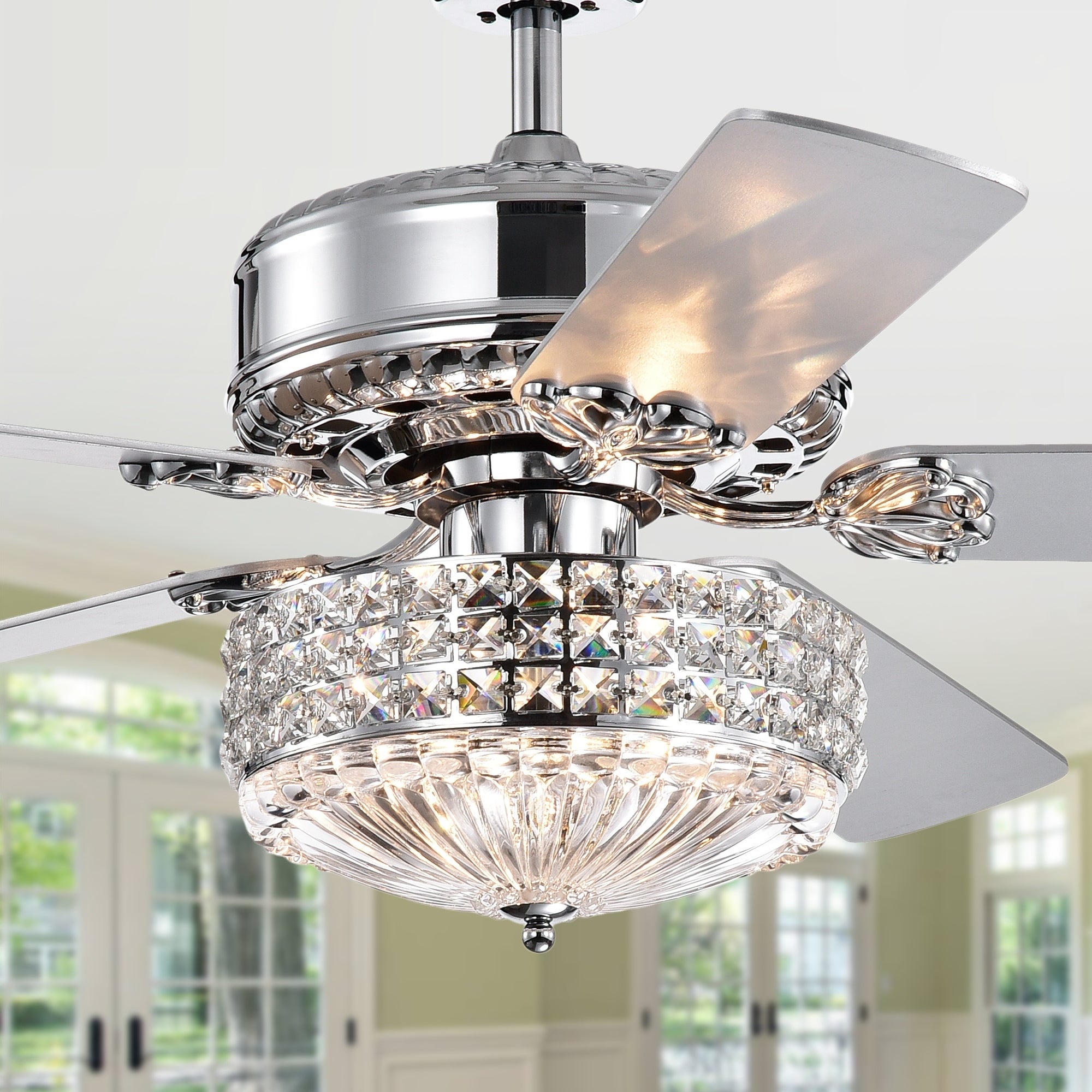 Gremane Chrome 52-inch Lighted Ceiling Fan with Crystal Shade (incl. Remote and 2 Color Option Blades) Shopping - The Best Deals on Ceiling Fans | 32249326