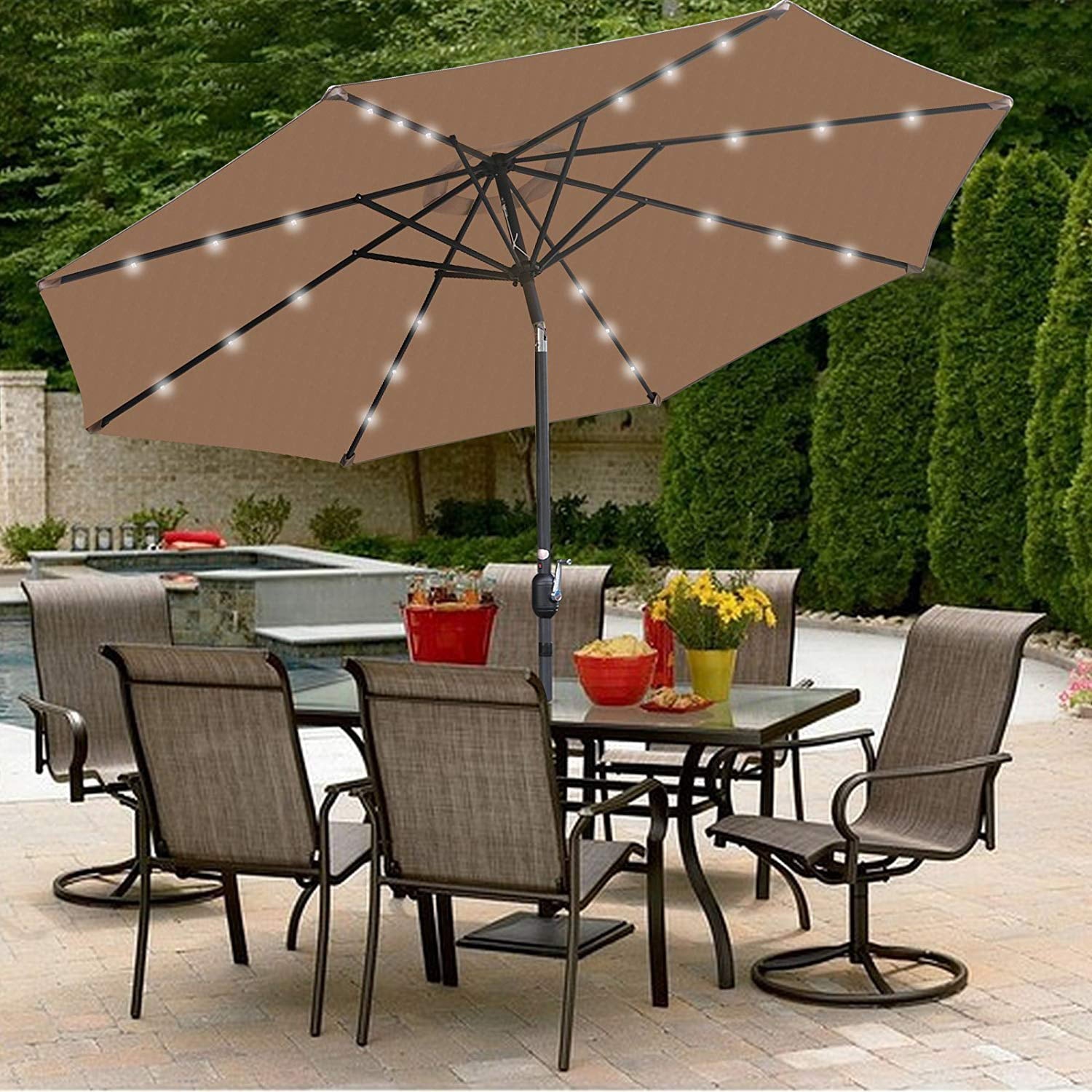 Zeny 10 ft Patio Backyard Umbrella LED Solar Power W/ Crank Lift System, Tan