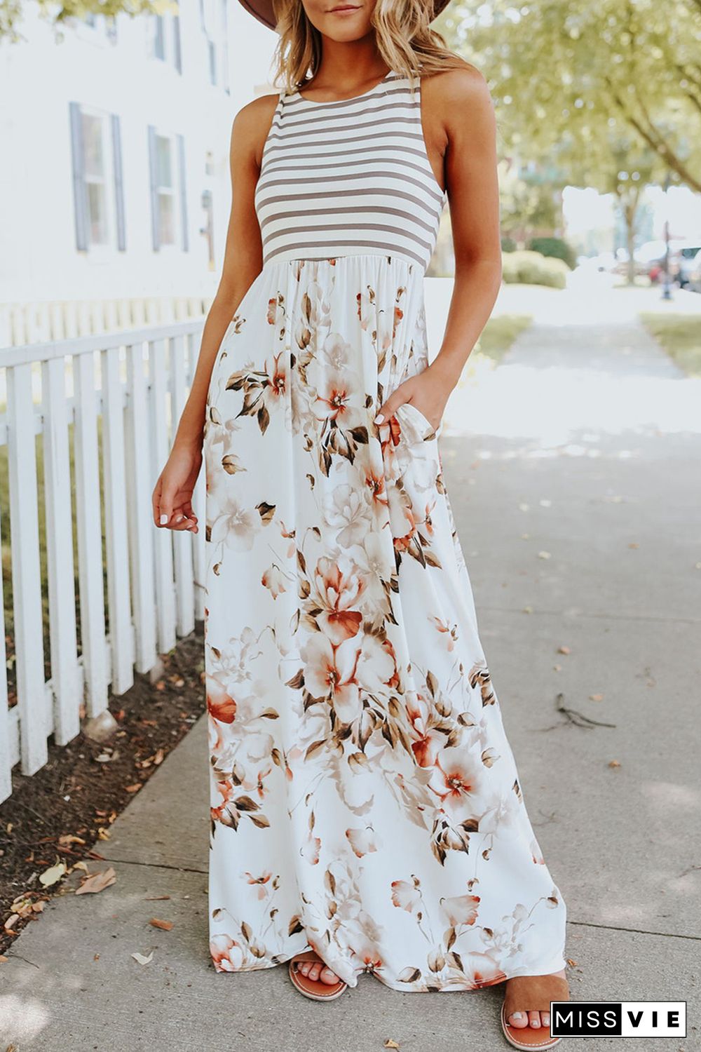 White Striped Floral Print Sleeveless Maxi Dress with Pocket