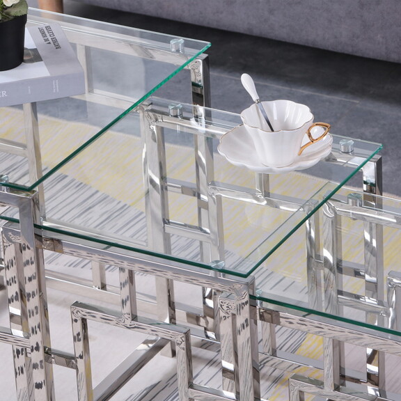 3 Pieces Gold Square Nesting Glass End Tables  Sma...