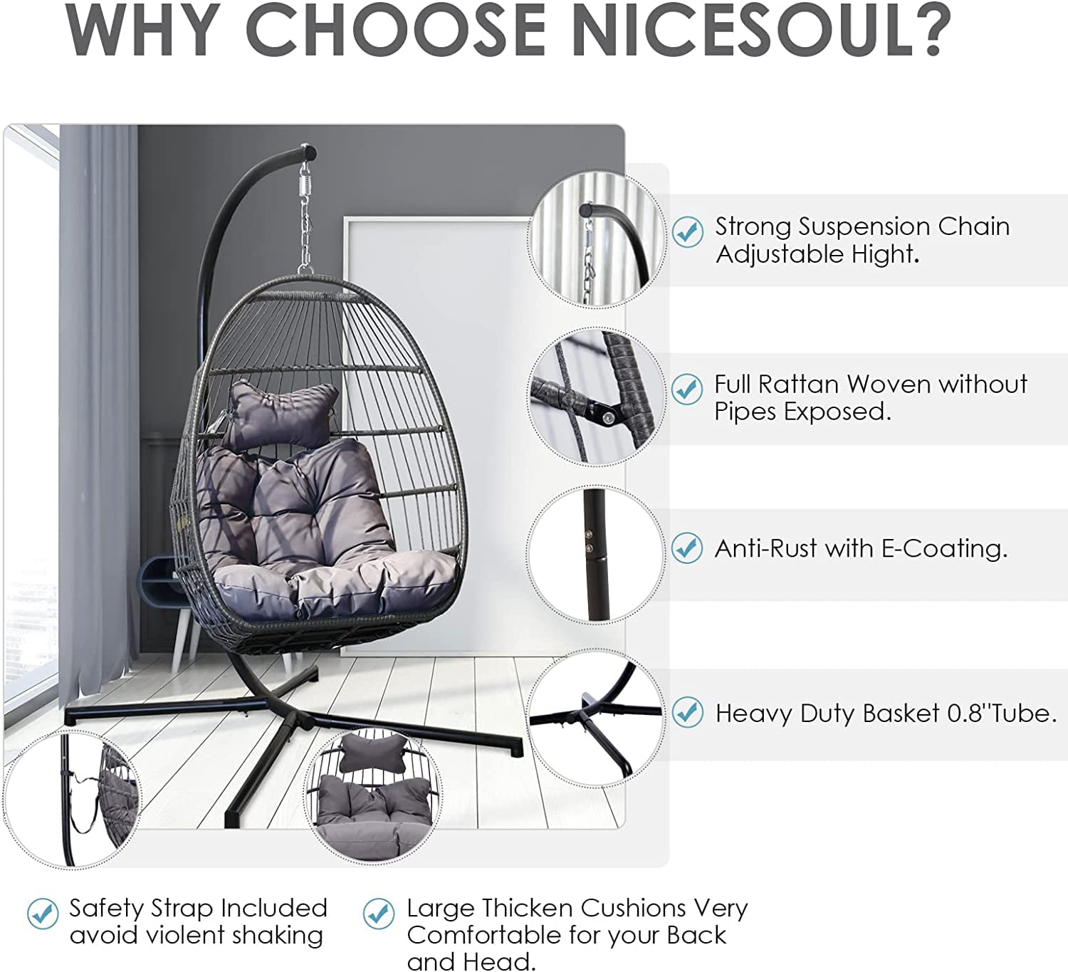 Nicesoul Swing Egg Chair Wicker Hanging Chair With Stand Color Dark Grey Maximum Weight 350lbs