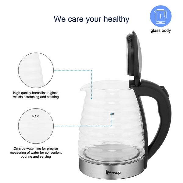 1.8L 1100W Stainless Steel Glass Electric Kettle with Blue Light