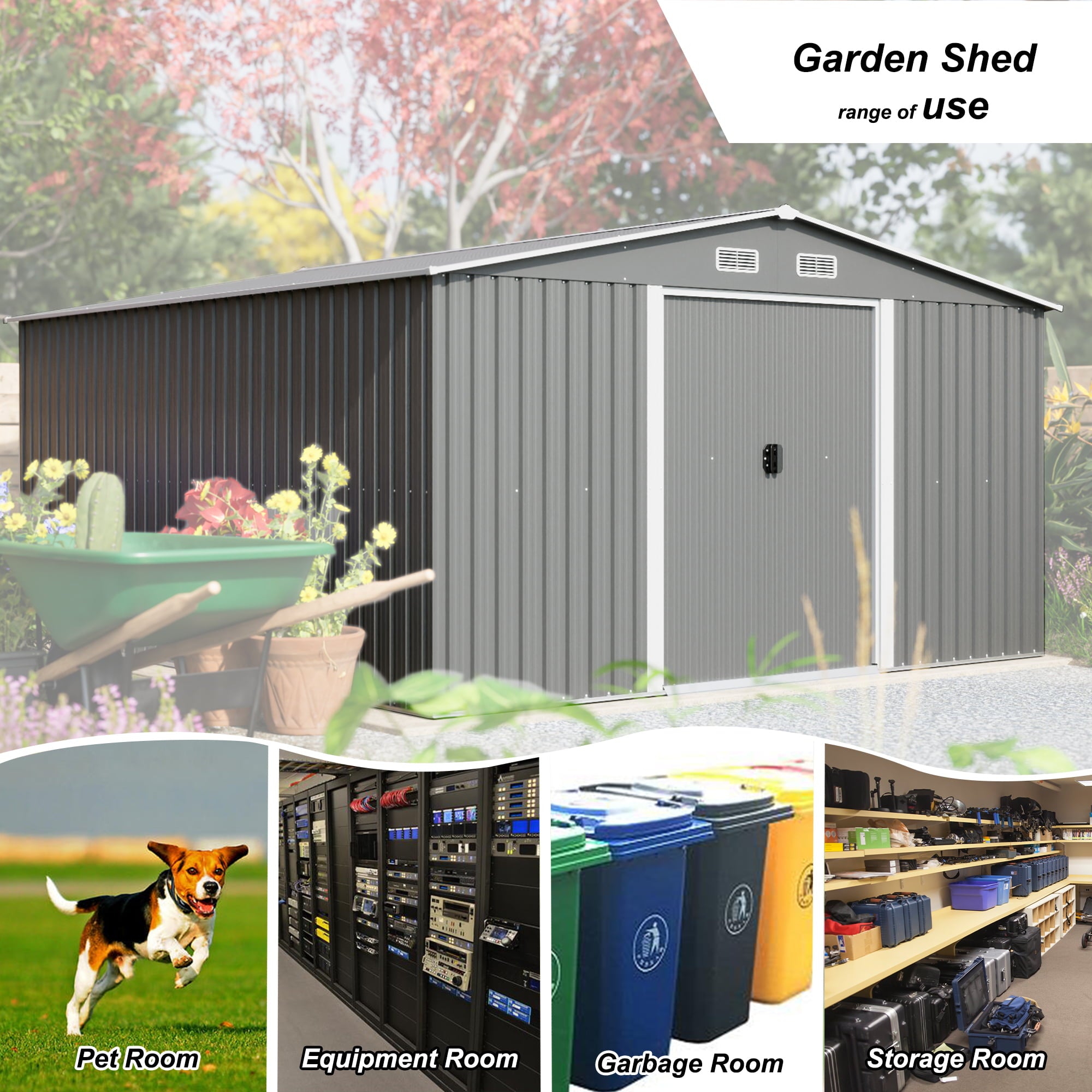 LZBEITEM 11 x 13 ft. Outdoor Storage Shed，Galvanized Steel Garden Shed，Metal ShedsGarden Tool Shed with Double Lockable Sliding Doors for Backyard Patio Lawn,Gray