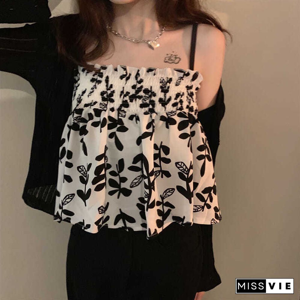 Camisole Womens Summer Sexy Lovely All Match Chic Ulzzang Lady Vintage Soft Print Trendy Elegant Daily Leisure Clothing Fit Tops