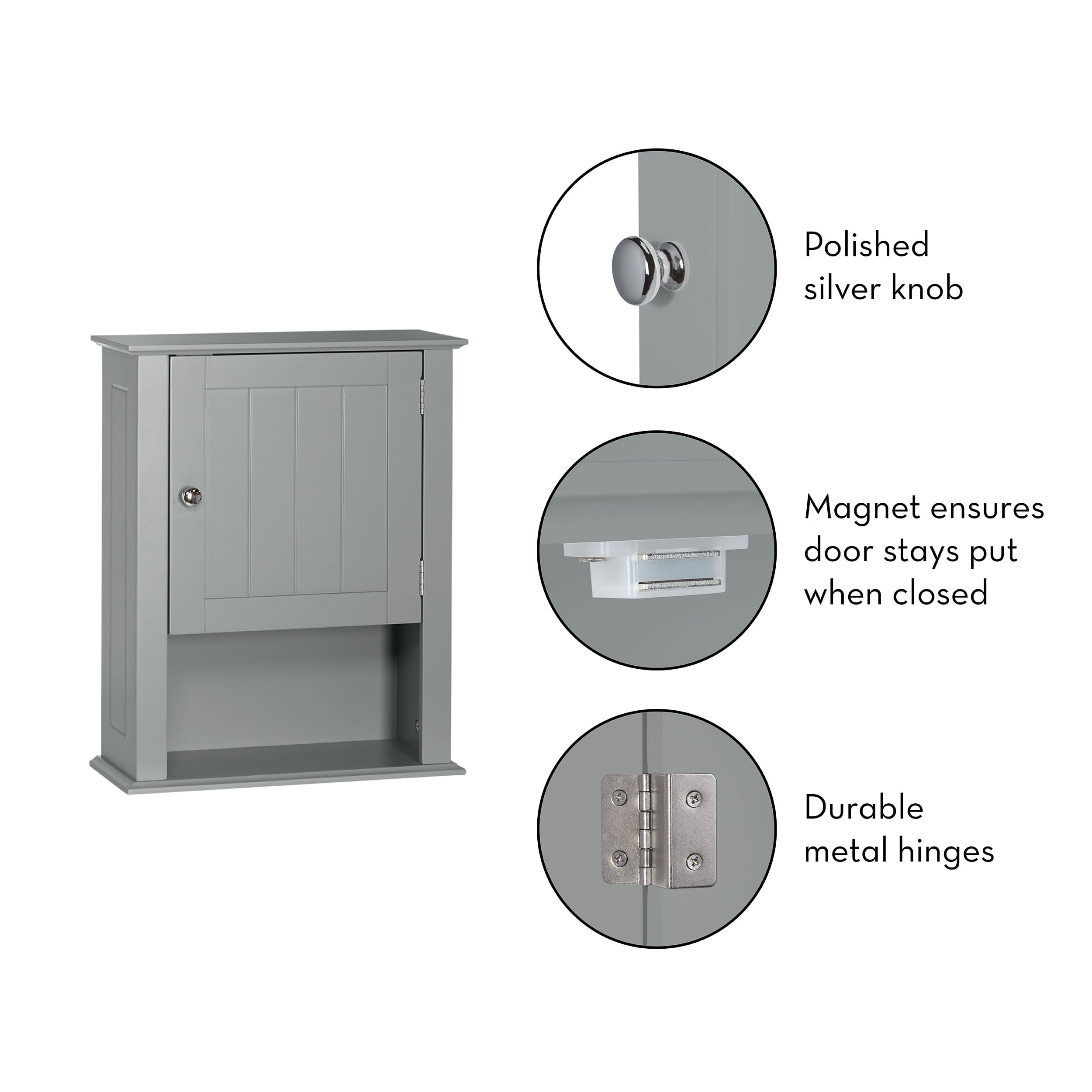 RiverRidge Home Ashland Collection Bath Single Door Wall Cabinet with Open Shelf, Gray