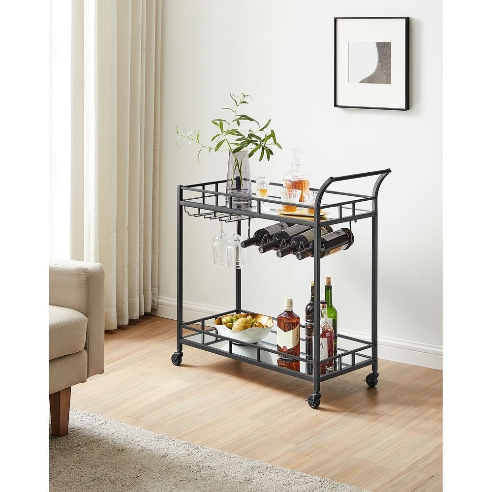 Wine Cart with 2 Mirrored Shelves   15”D x 31.5”W x 30.5”H