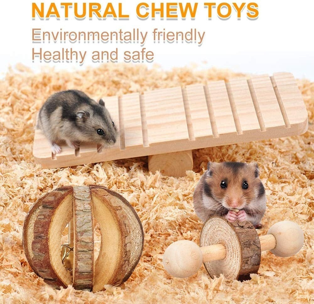 10pcs Natural Wooden Pet Chew Toys Pine Dumbells Unicycle Bell Roller Chew Toy for Hamster Rat Rabbit Play Toy