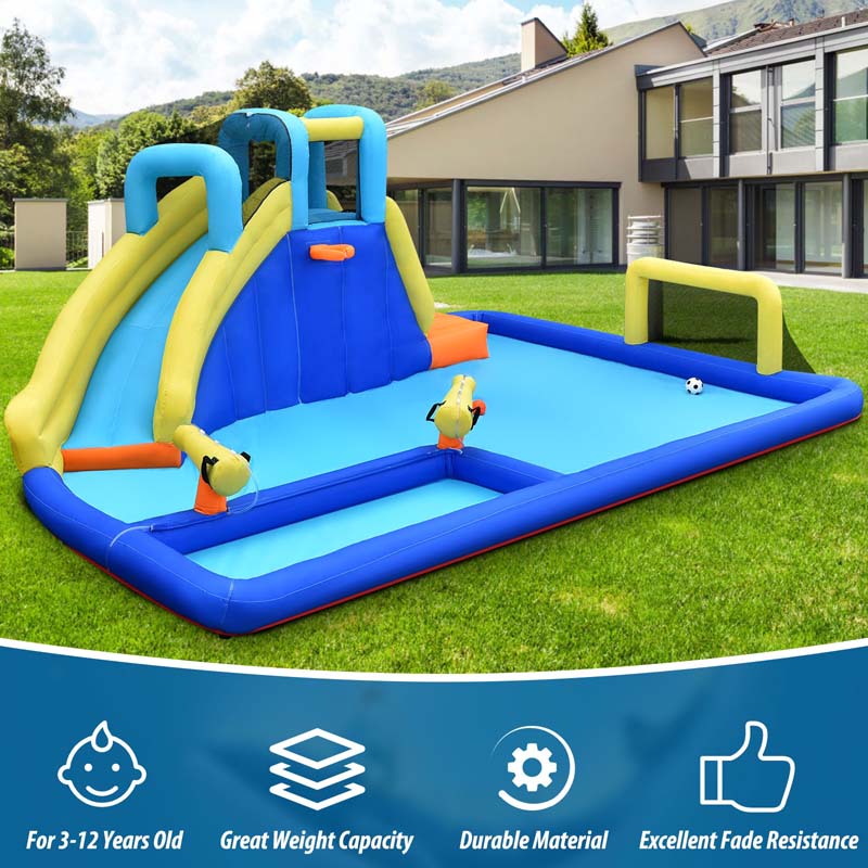 6-in-1 Kids Giant Water Park Inflatable Water Slide Bounce House with Large Soccer Splash Pool, Water Cannons, Climbing Wall