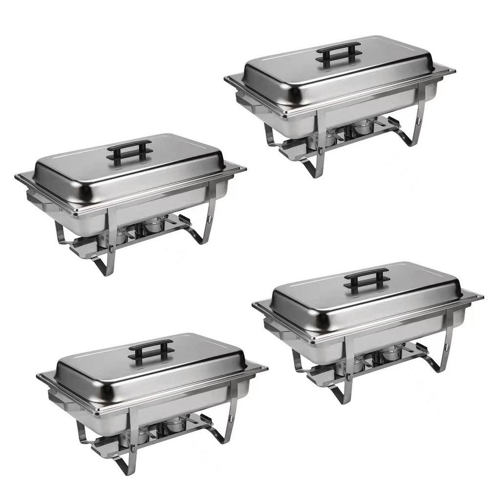 FUNKOL 9 Qt. Grip Foldable Frame Silver Rectangular Full Size Stainless Steel Buffet Plates for Parties Restaurants  4-Piece LML-94870