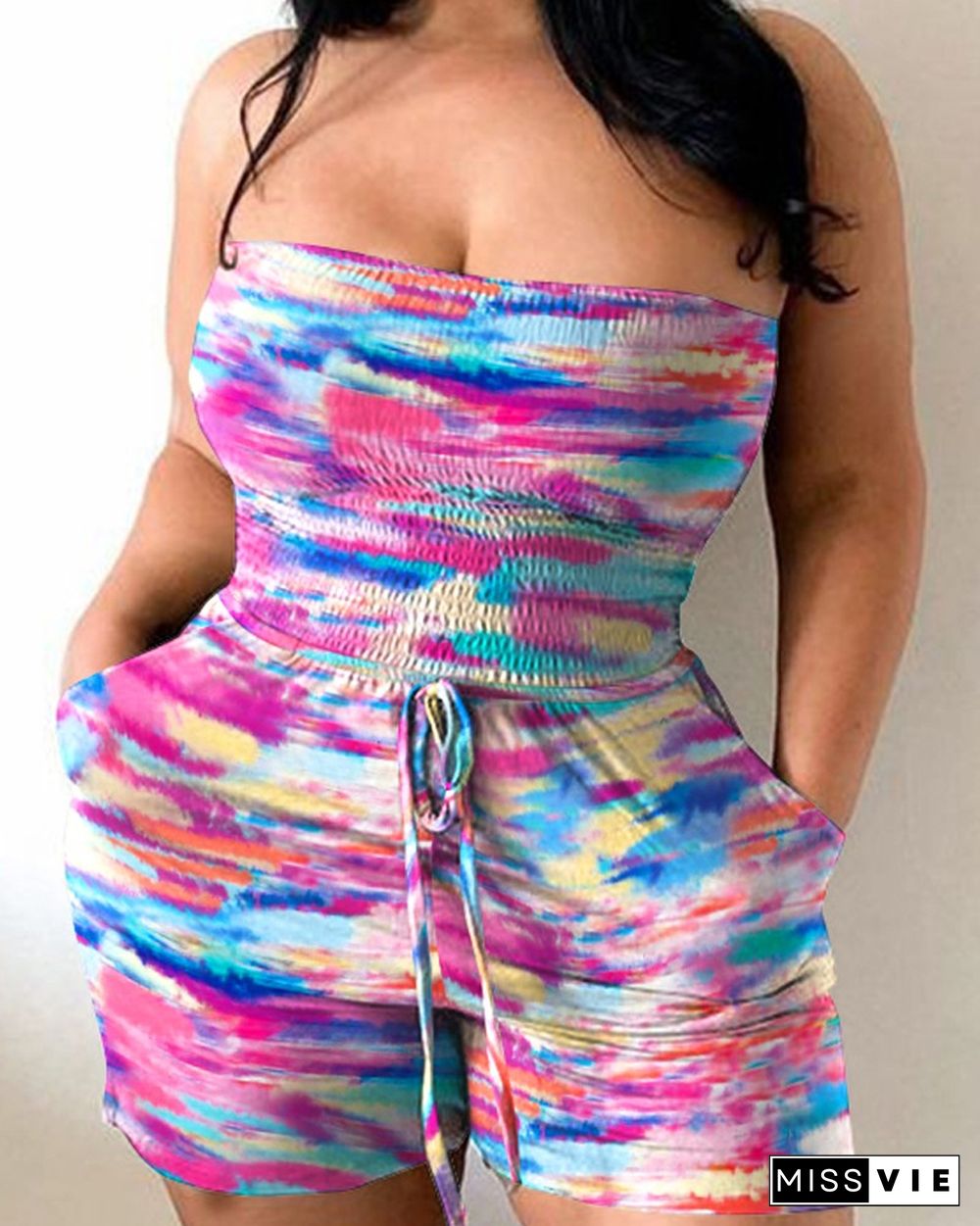 Multicolor Print Bandeau Sleeveless Pocket Slim Romper