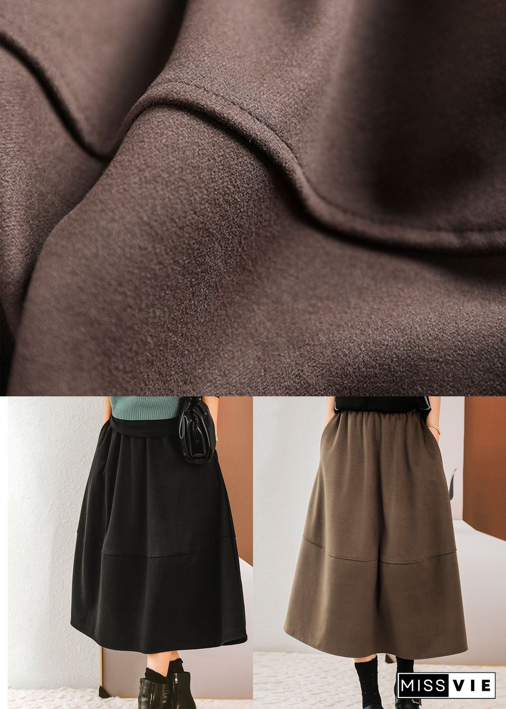 Black Patchwork Thick Woolen A Line Skirts Winter