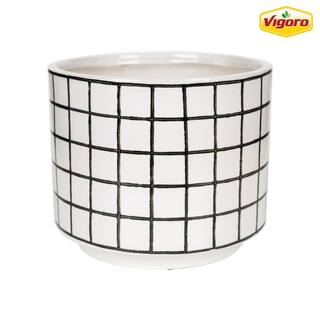 Vigoro 8 in. Westerly Small WhiteBlack Grid Ceramic Pot (8 in. D x 6.7 in. H) 527406