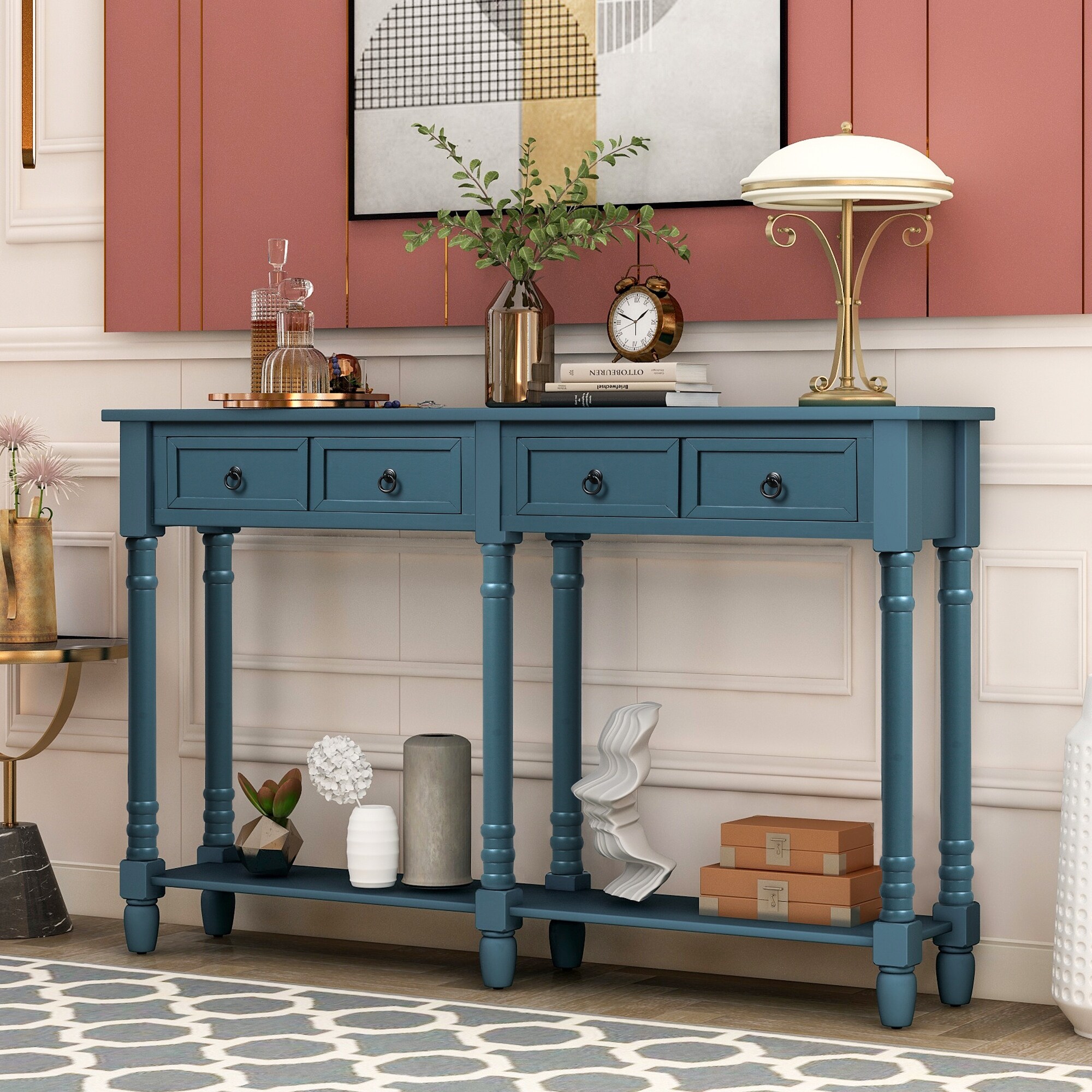 Console Table Sofa Table with Drawers and Long Shelf Rectangular Living Room Table Solid Wood Antique Navy