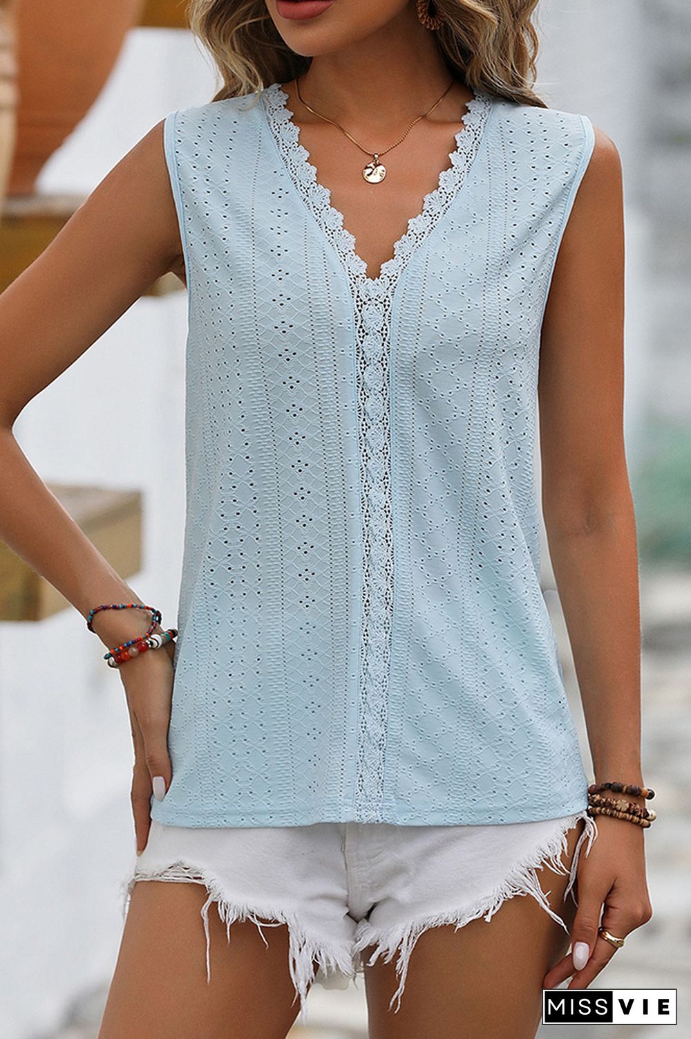 Plain V Neck Lace Edge Eyelet Pattern Tank Top