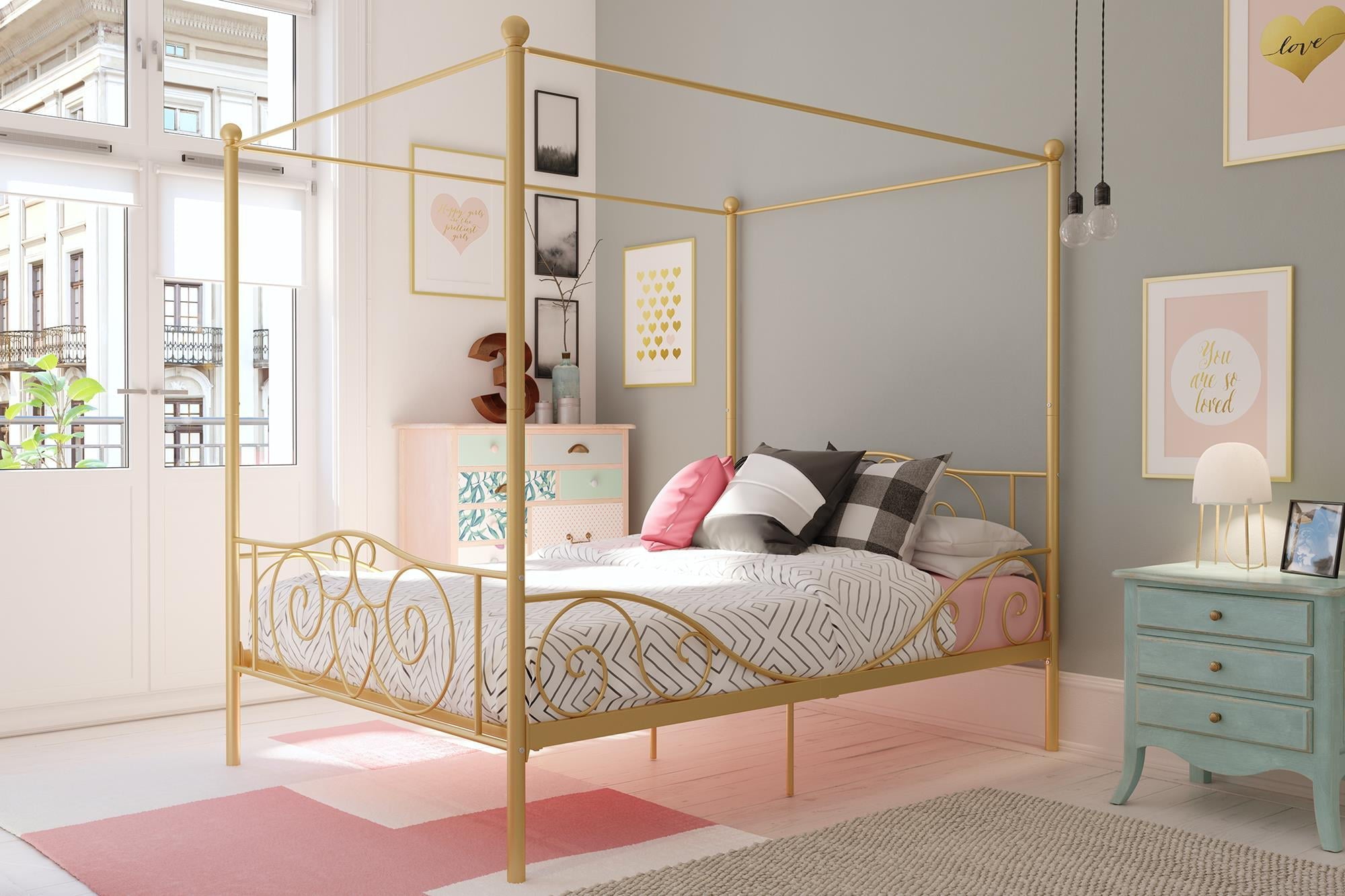 Elm & Oak Metal Canopy Kids Poster Bed, Full, Gold