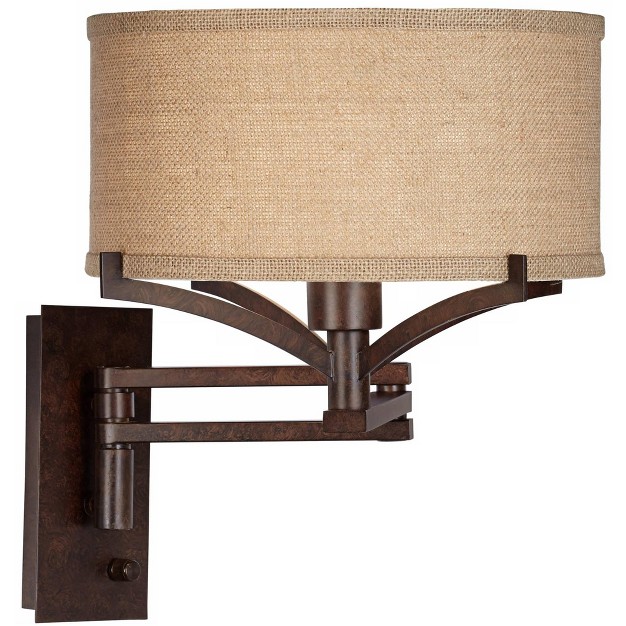 Franklin Iron Works Tremont Rustic Farmhouse Swing Arm Wall Lamp Bronze Plug in Light Fixture Tan Burlap Drum Shade For Bedroom Bedside Living Room