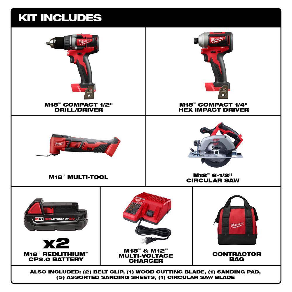 MW M18 18V Lithium-Ion Brushless Cordless Compact DrillImpact  Multi-Tool Combo Kit (3-Tool) W Circular Saw 2892-22CT-2626-20-2630-20