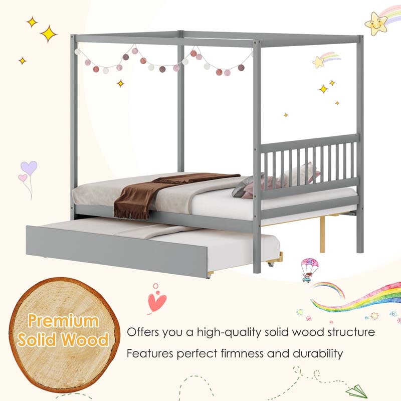 Full Size Canopy Bed with Trundle, Solid Wood Platform Bed Frame with Headboard, Full Bed for Kids Teens Adults