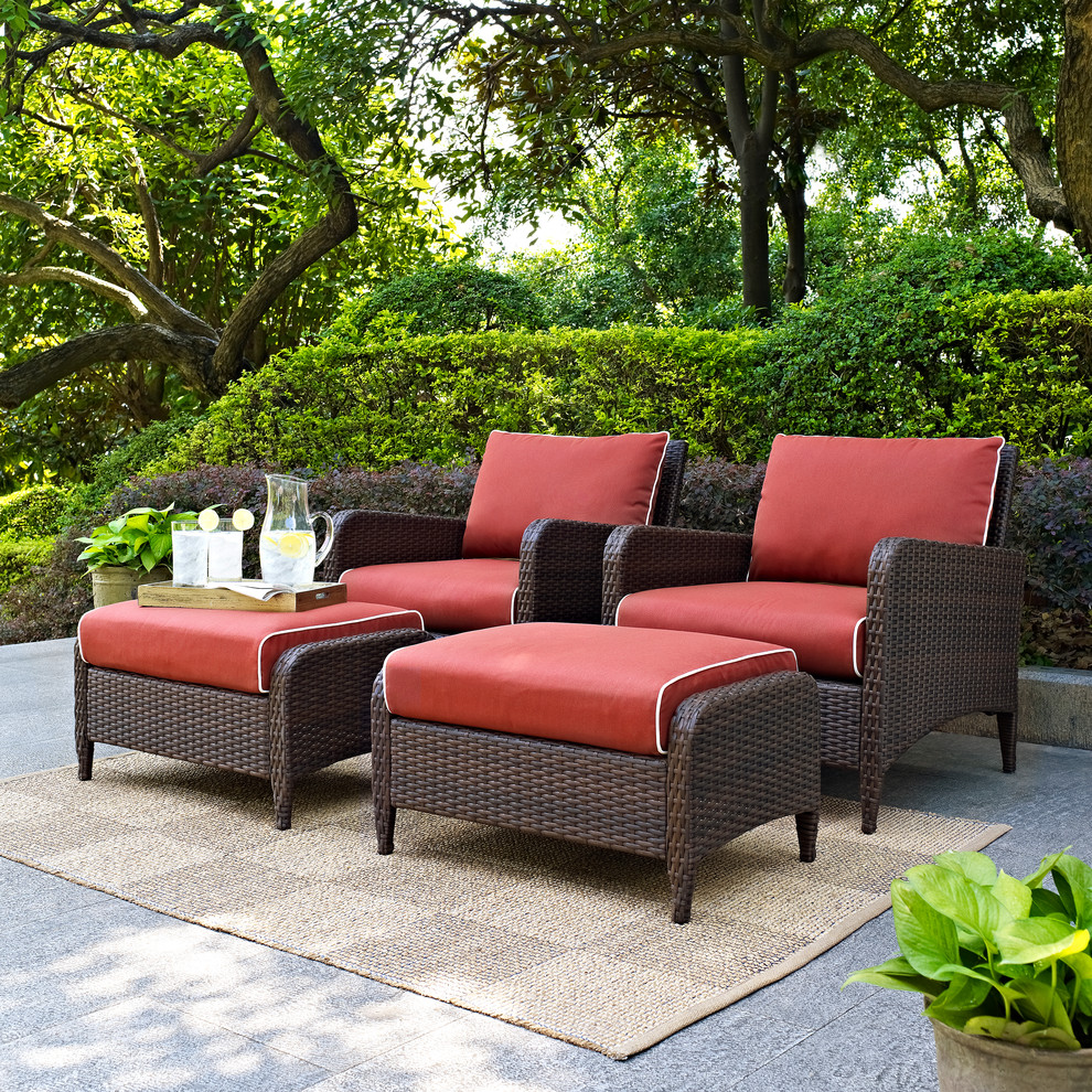 Kiawah 4 Piece Outdoor Wicker Seating Set With Sangria Cushions   Tropical   Outdoor Lounge Chairs   by Crosley  Houzz