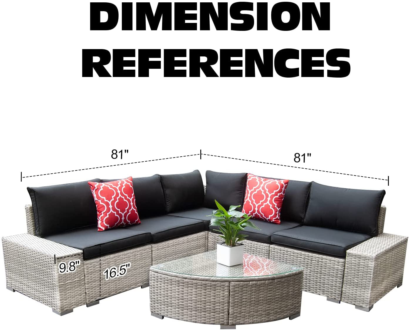 Polar Aurora 6-Pieces Patio Furniture Set Outdoor Sofa Conversation Couch with Glass Coffee Table - Black/Gray