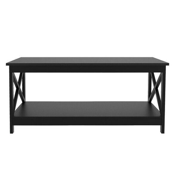 Coffee Table 39.56 in. L， X leg End Table with Bottom Shelf， Black