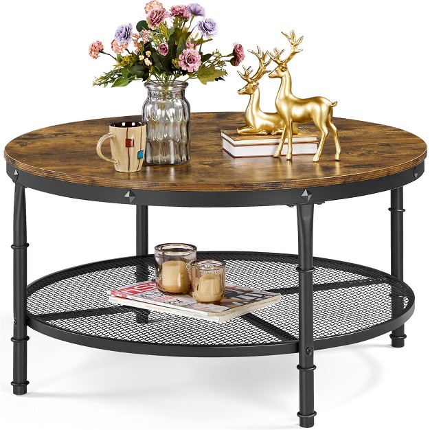 Yaheetech Round Coffee Table With Iron Mesh Storage Shelf For Living Room Rustic Brown