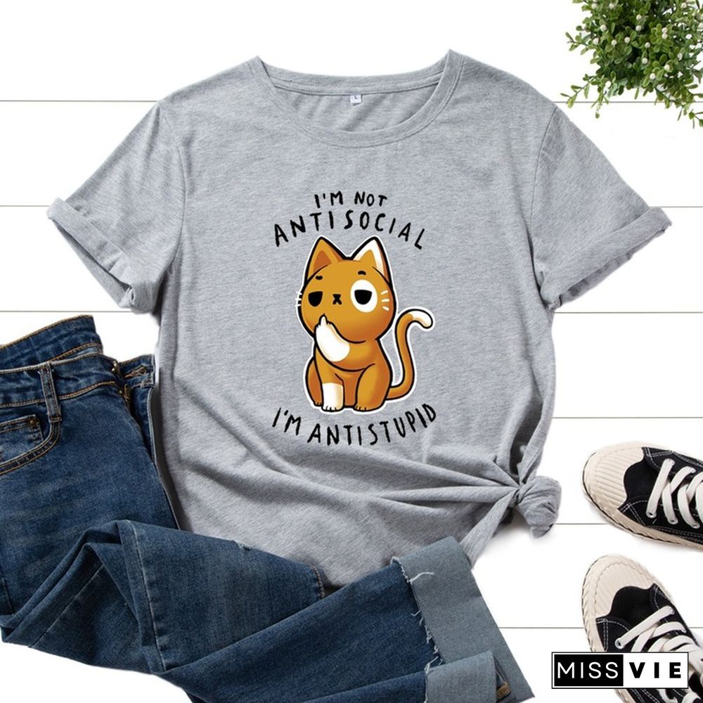 Summer Women Short Sleeve T-shirt Cat Letter Print Female Fashion Graphic Casual Streetwear Ladies Regular Daily O-Neck Tee Tops