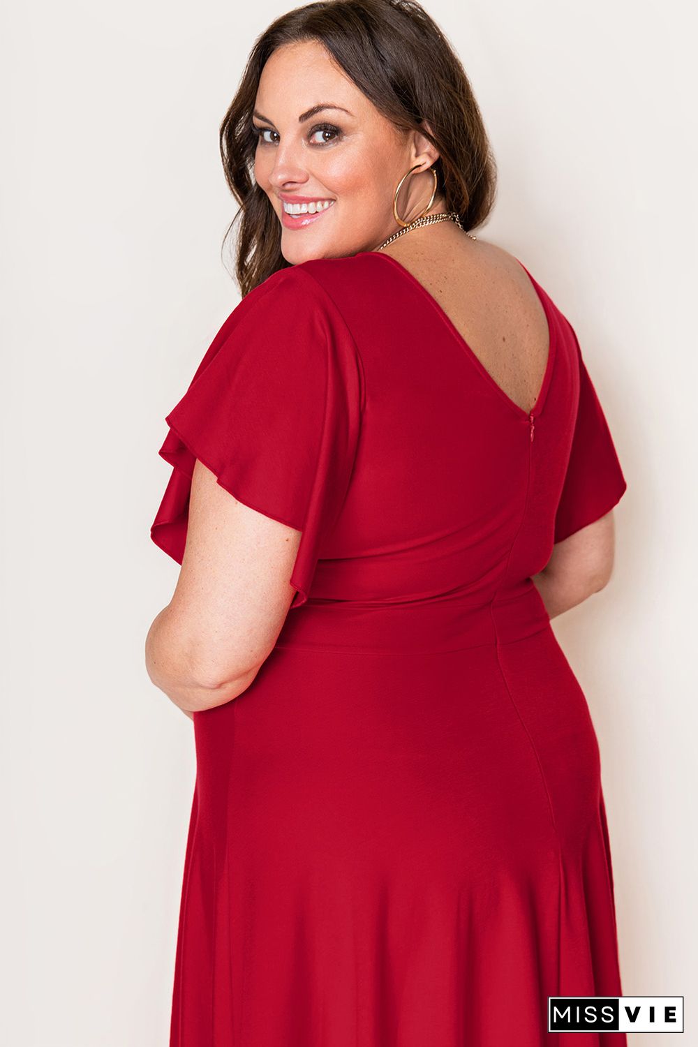 Red Plus Size Short Flutter Sleeve Midi Dress