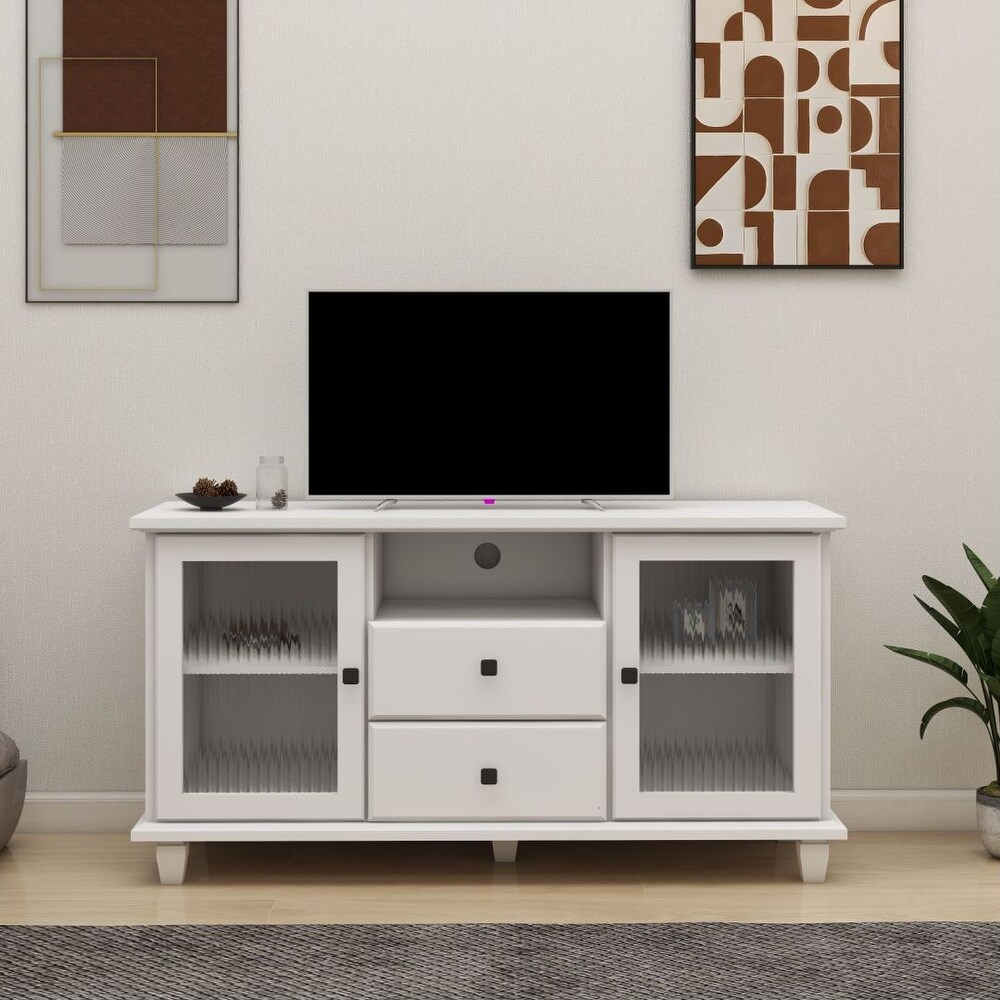 White 3 Layers Side Cabinet TV Stand 2 Glass Door 2 Drawer Storage