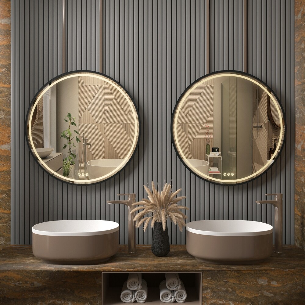 Large Round Framed LED Wall Bathroom Vanity Mirror with Hanging Strap