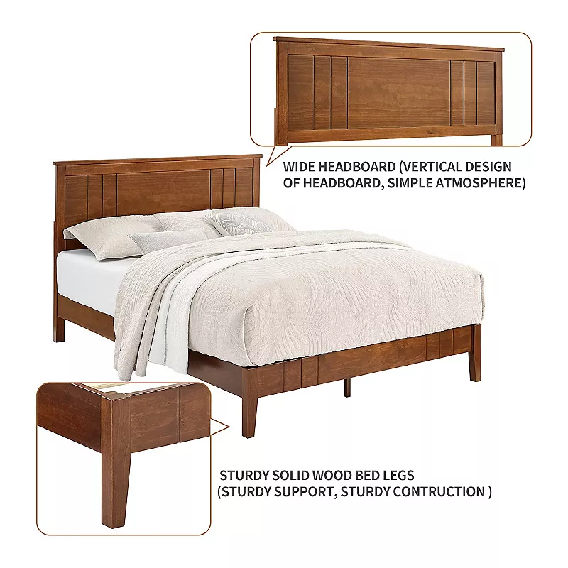 MUSEHOMEINC Mid Century Modern Solid Pinewood Platform Bed with Headboard， Queen