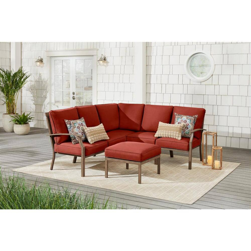 Hampton Bay Geneva 6-Piece Brown Wicker Outdoor Patio Sectional Sofa Seating Set with Ottoman and Sunbrella Henna Red Cushions FRS60704A-STHEN