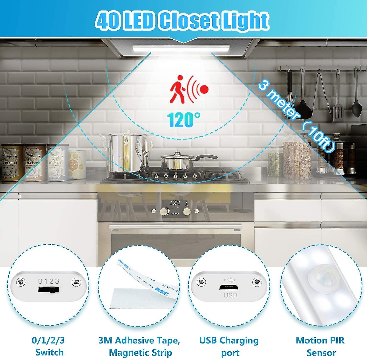 40 Led Closet Light，motion Sensor，usb Rechargeable，4 Modes，30cm(white Light