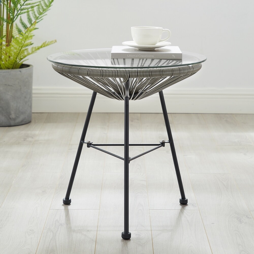 Corvus Sarcelles Modern Woven Wicker Patio Side Table with Glass Top