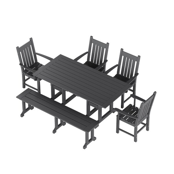 Polytrends Laguna Hdpe All Weather Outdoor Patio Dining Set with Rectangle Table，Arm Chairs and Bench (6Piece Set)