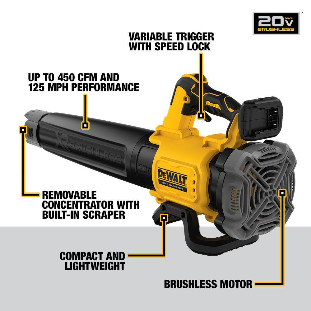 DW 20V MAX 125 MPH 450 CFM Cordless Brushless Handheld Blower with 20V Compact Lithium-Ion 4Ah Battery  12V to 20V Charger DCBL722BWCB240C