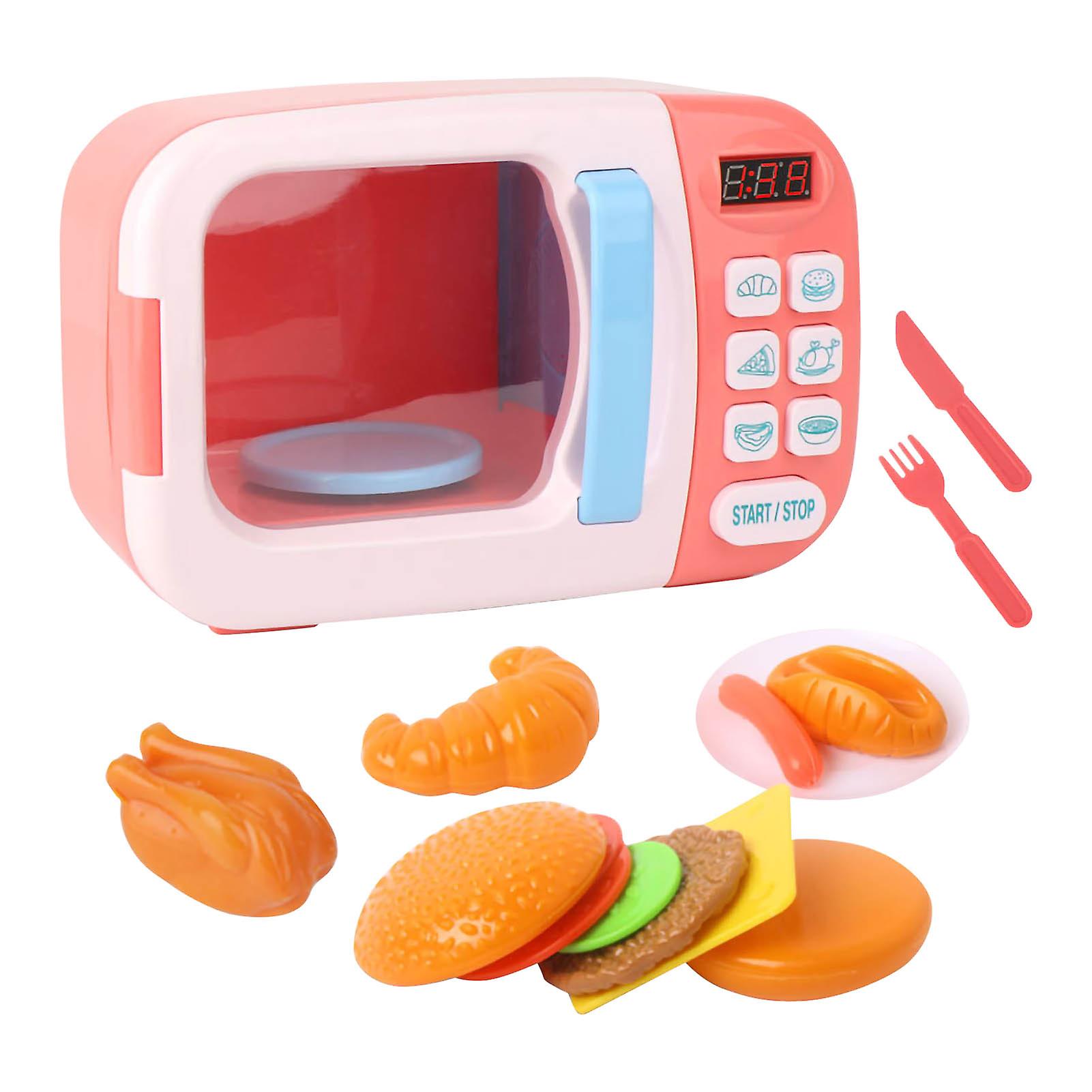 Kids Electric Microwave Oven Toy Set Cool Music Simulation Cooking Model Toy for Children Pink