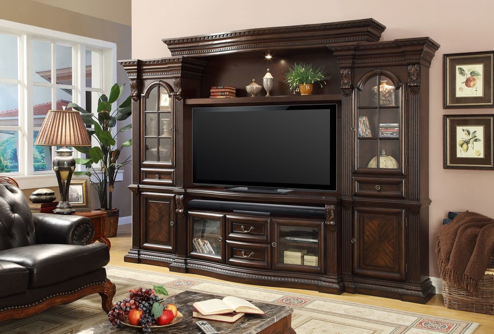 Parker House Bella 4 Piece Entertainment Estate Wall  Dark Almond   Traditional   Entertainment Centers And Tv Stands   by Emma Mason  Houzz