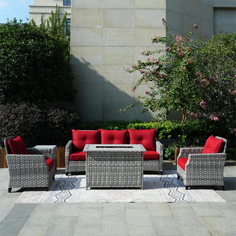 5 Piece Patio Wicker Sofa Set with Firepit Table and Rain cover