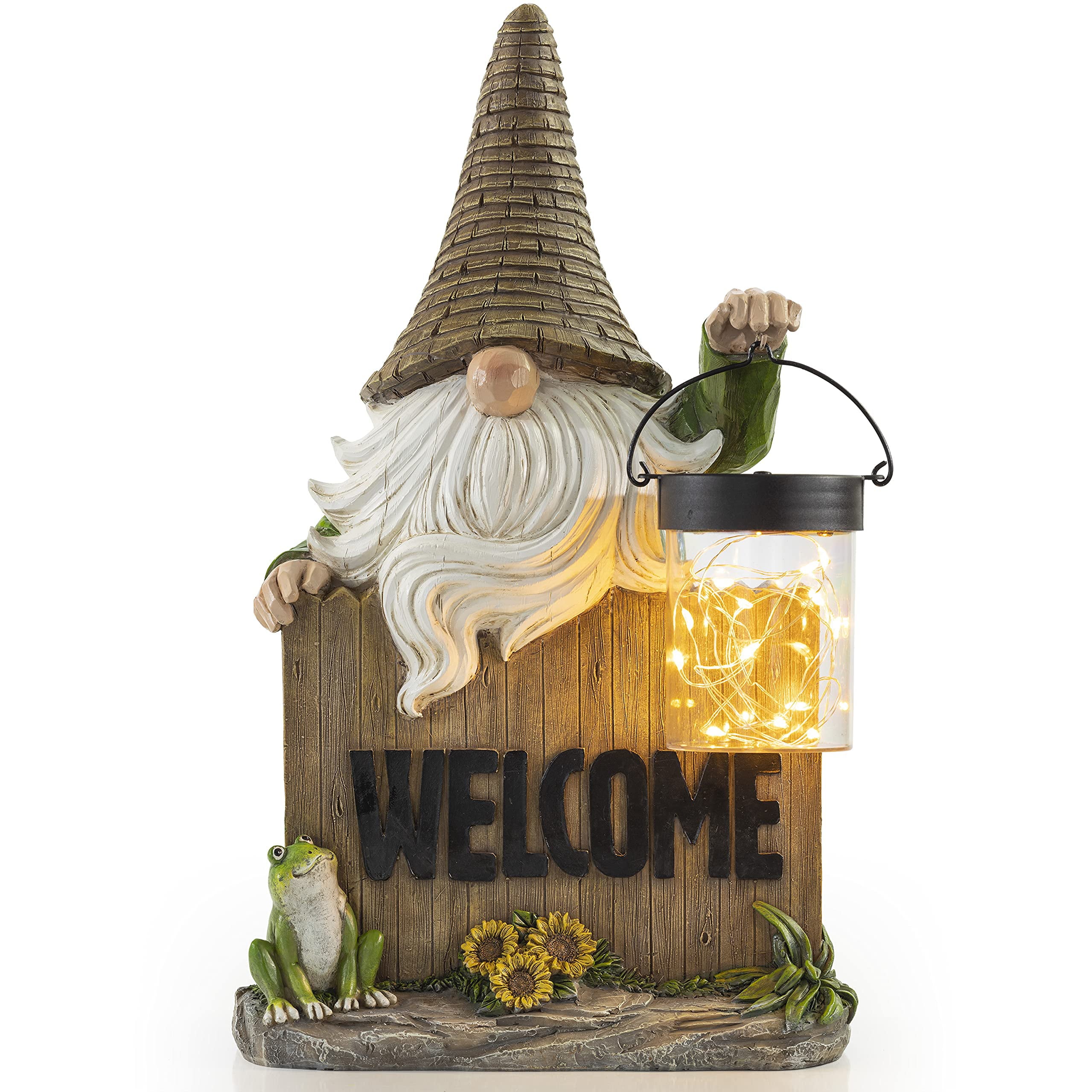 VP Home Welcome Gnome with Lantern and Frog Solar Powered LED Outdoor Decor Garden 13.5