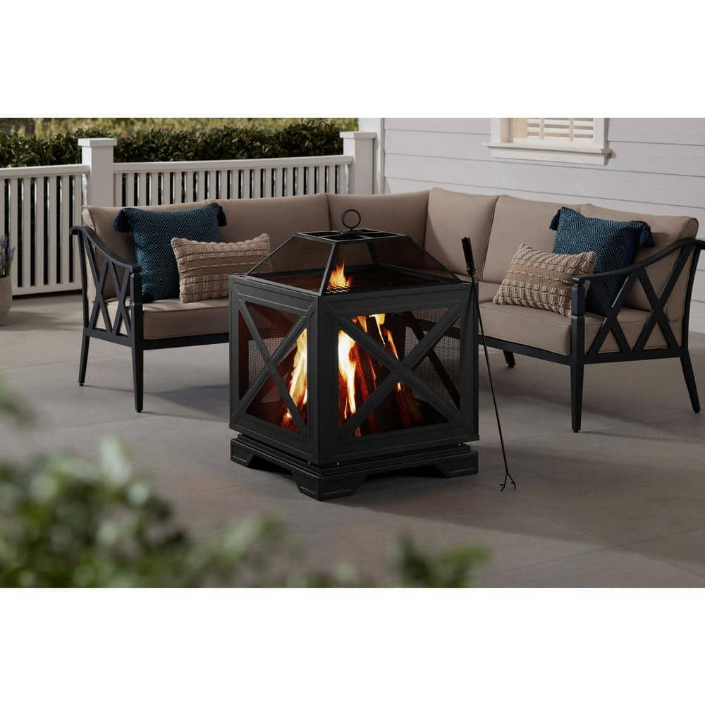 Hampton Bay Westbury 26 in. W x 37.8 in. H Outdoor Square Wood Burning Black Fire Pit OFW906S