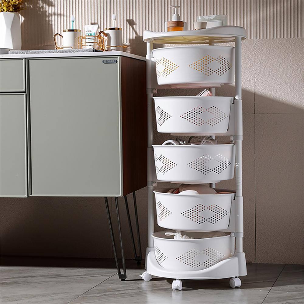 YIYIBYUS White Rolling 5-Tier PP Carbon Steel Storage Basket Shelving Unit (14.3 in. W x 36.2 in. H x 14.3 in. D) HG-HSYXF-6820