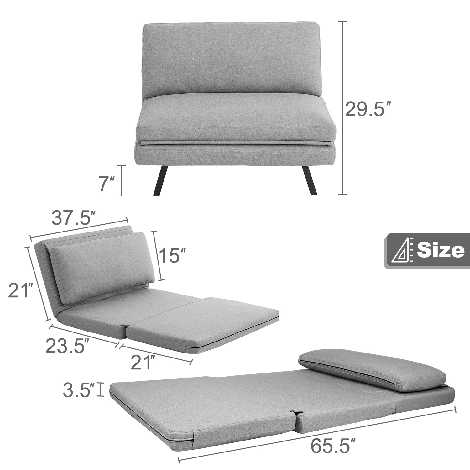 Convertible Futon Sofa Chair with Adjustable Backrest 4-in-1 Folding Floor Couch for Living, Small Room Apartment, Dorm, Grey