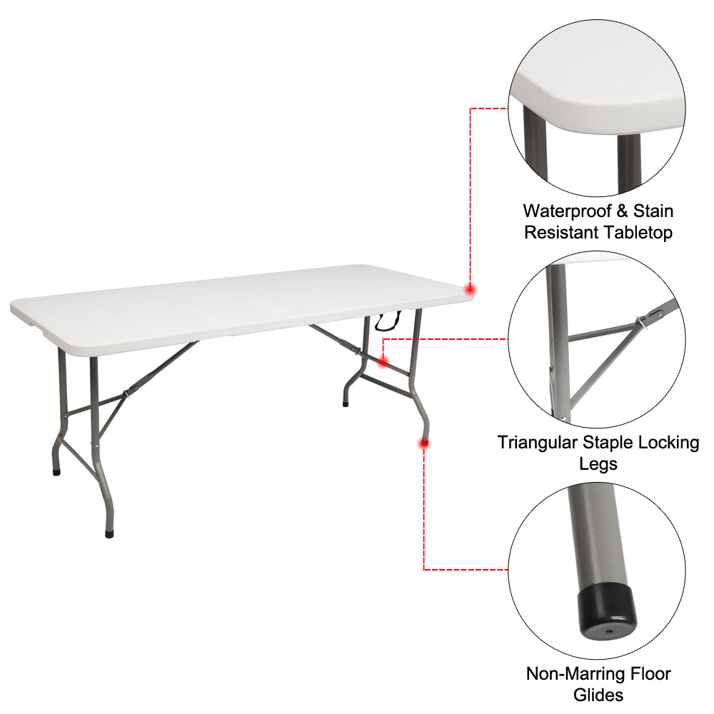 Small Folding Table， 6FT Portable Folding Plastic Dining Table with Carrying Handle， Indoor Outdoor Table for Picnic， Party， Camping， BBQ， Anti-Slip Foot and Easy Setup， JA1664